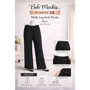 Bob Mackie Womens 3X Wide Leg Knit Pants Black Stretch Elastic Waist Plus Size